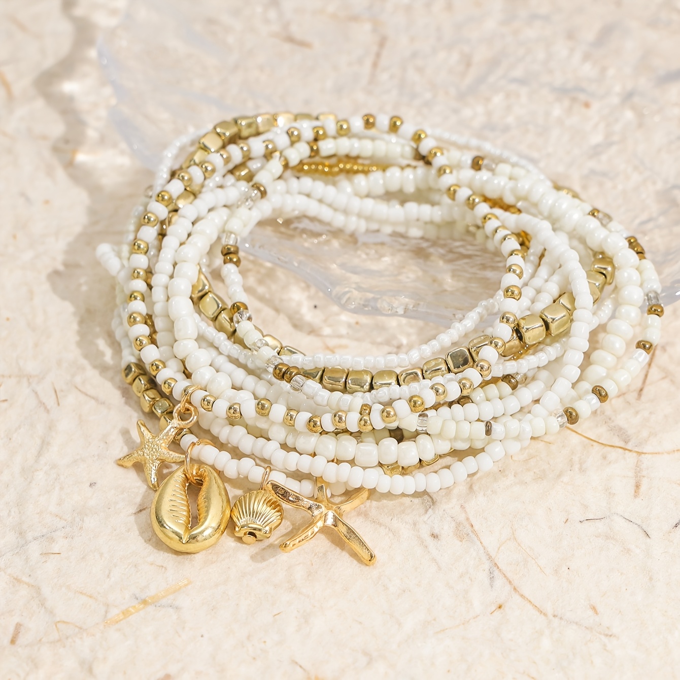 13-Strand Pack Glass Plastic Handmade Bead Anklet Set, Bohemian Style