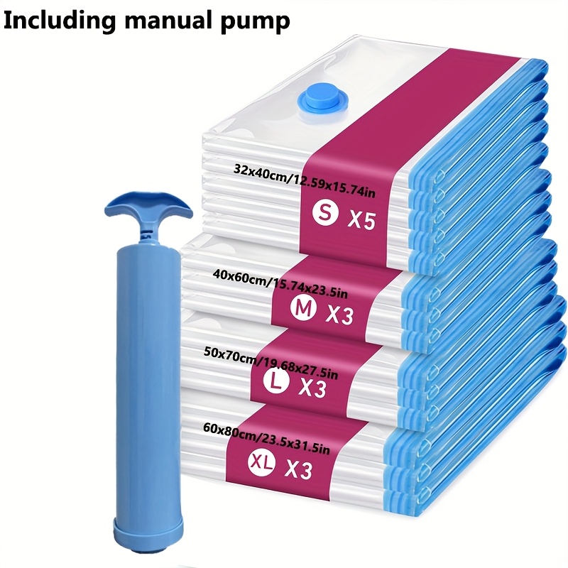 TEMU 14pcs Vacuum Storage Bags (5 Small, 3 Medium, 3 Large, 3 Extra-large) With Portable Manual Air Pump, Ideal For Storing Travel, Clothing And