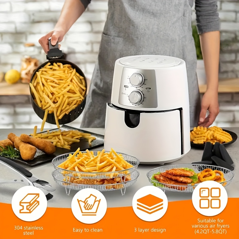 10pcs Set of Elevated Stainless Steel Air Fryer Dehydrator Rack with Clips, Reusable Stackable Air Fryer Additions for 4.2QT-5.8QT Round Air Fryers, Washable Baking Air Fryer Additions