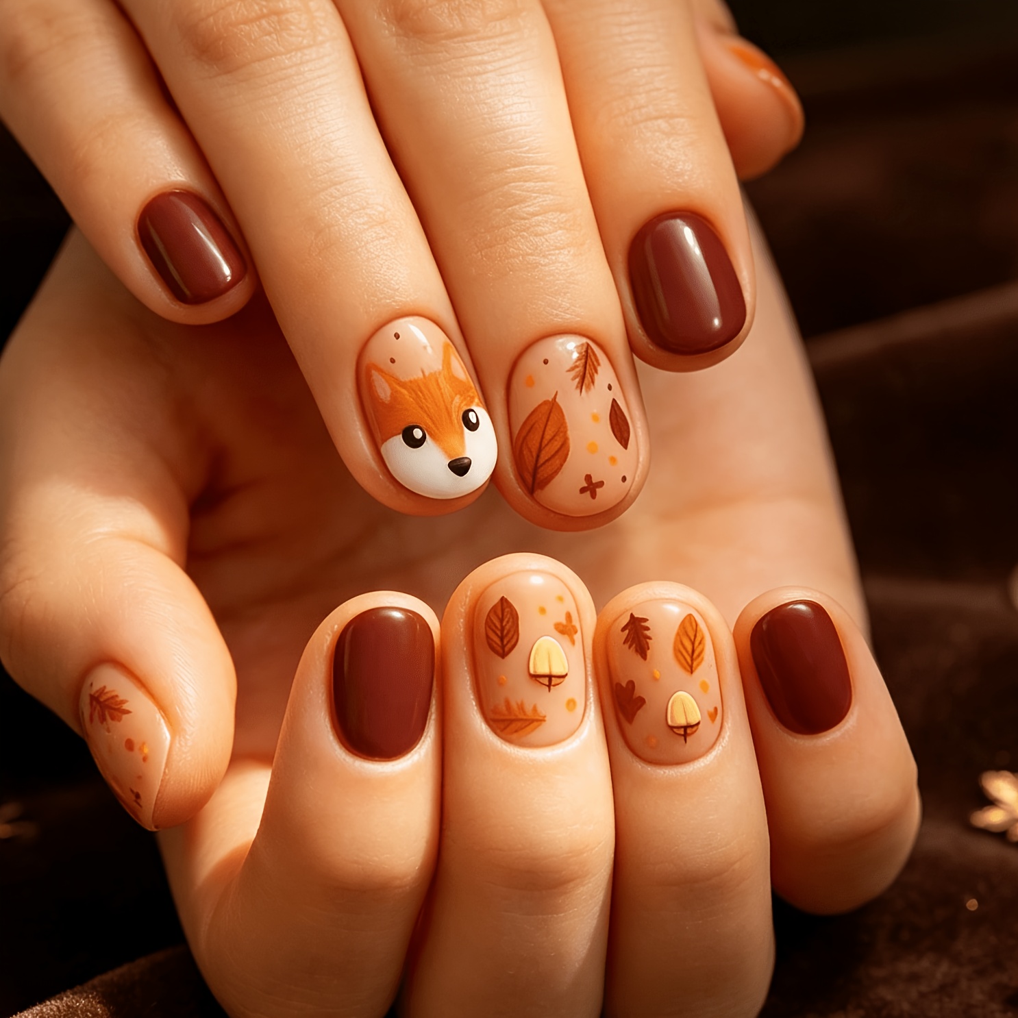 TEMU 24pcs Autumn Nail Wraps, Hand-painted Maple Leaf And Short Round Nails, Retro Removable Nail Sheets Forest | Autumn Hand-painted Maple Leaf And
