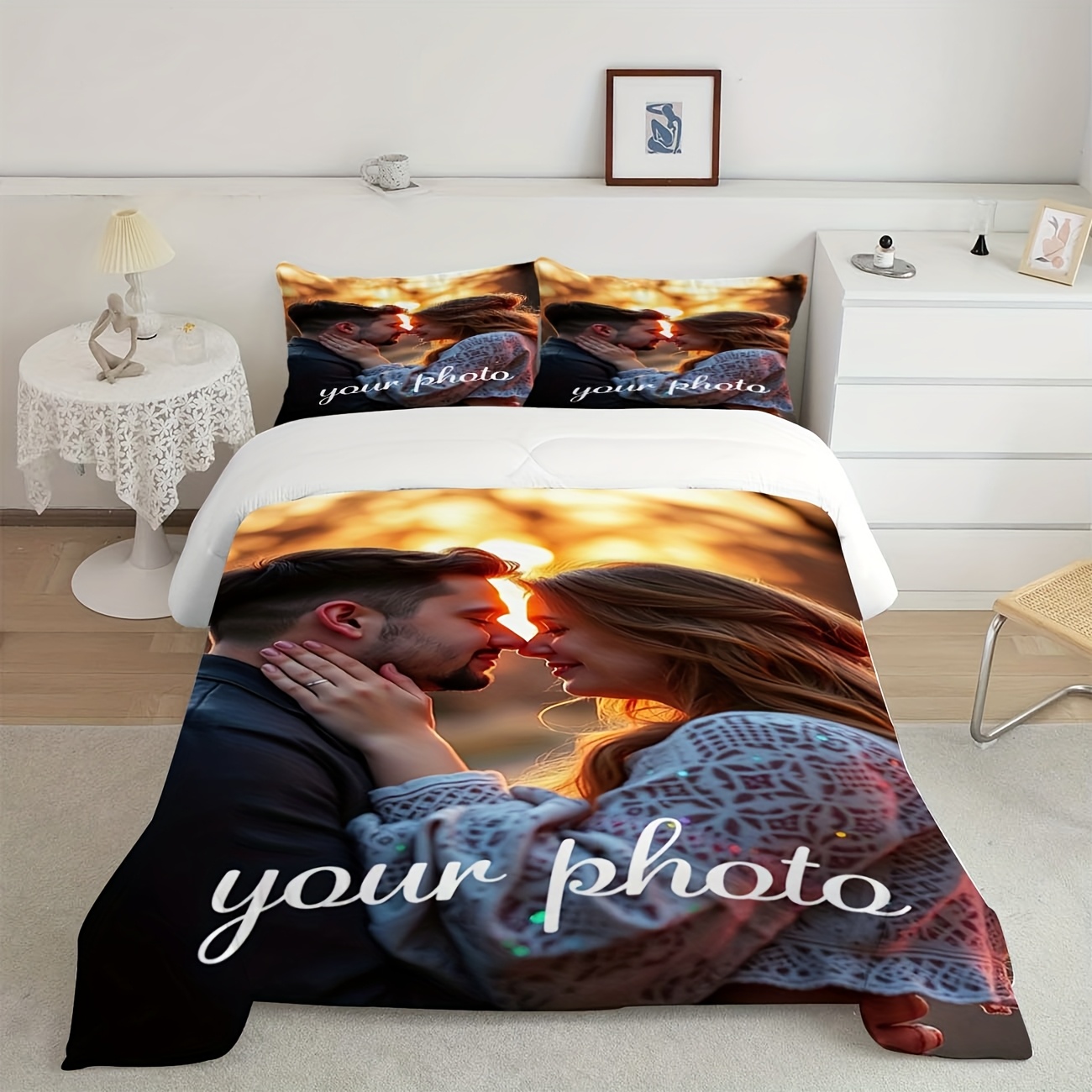 3pcs personalized photo bedding set customizable couple   polyester duvet cover with zipper closure pillowcases 1 duvet cover 2 pillowcases machine washable ideal for bedroom and camping   use duvet customization custom   zippered cover Product details 2