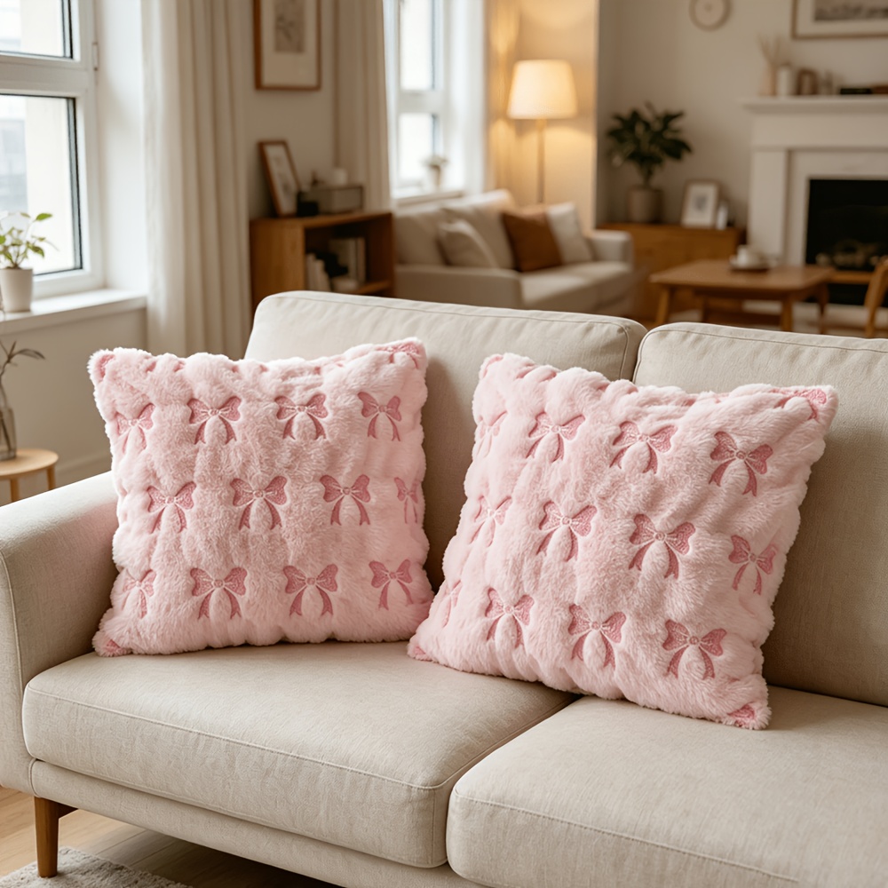 TEMU Ensemble de 2 housses de coussin roses avec nœud, douces housse de coussin carrées en cuir, taies d'oreiller décoratives pour chambre à coucher,