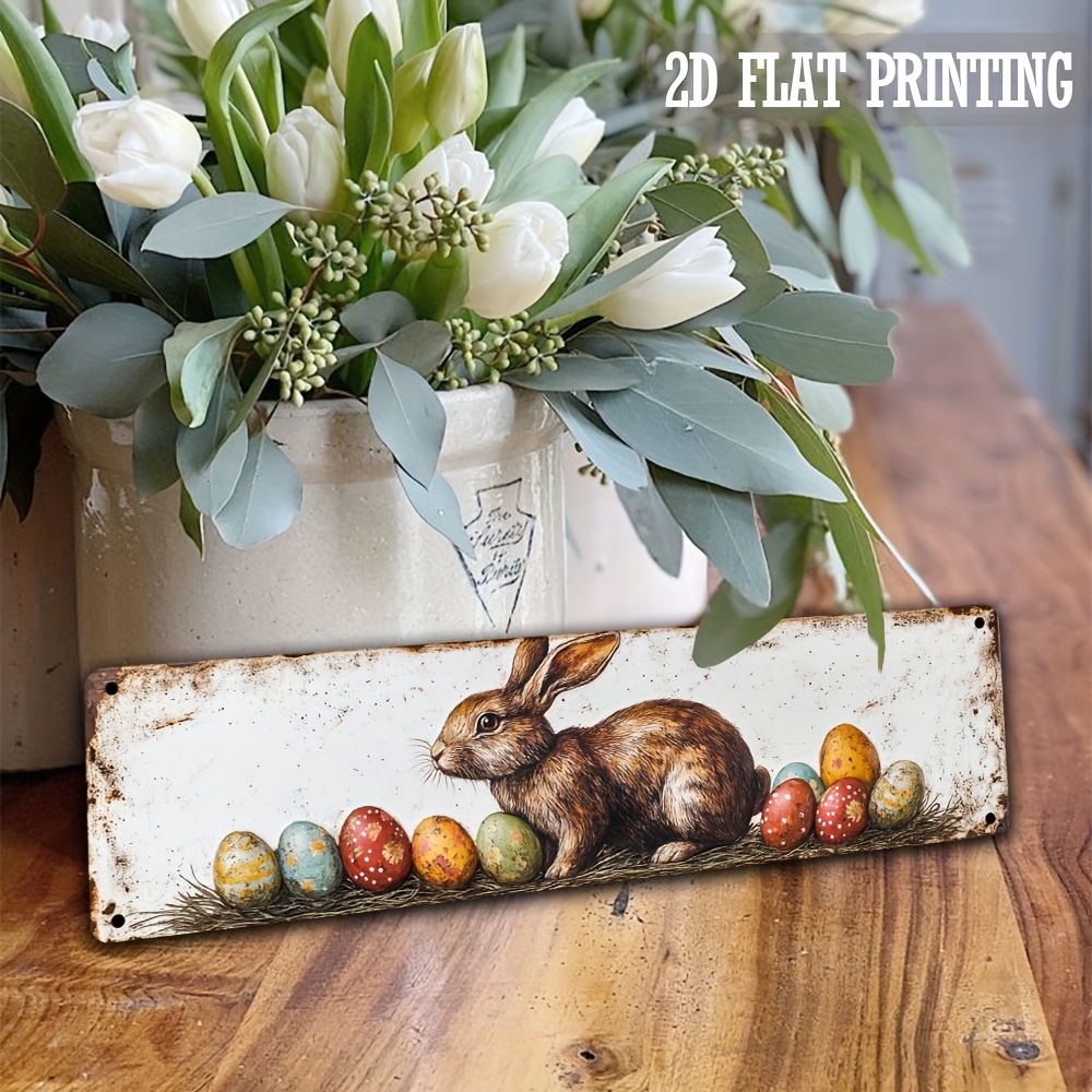Image of Easter Bunny Egg Tin Sign Outdoor Street Signs Yard Garage Garden Retro Metal Signs For Home Decor Stylish Wall Art Plaques Gift For Home Bathroom Kitchen Wall Decor 4x16 Inch