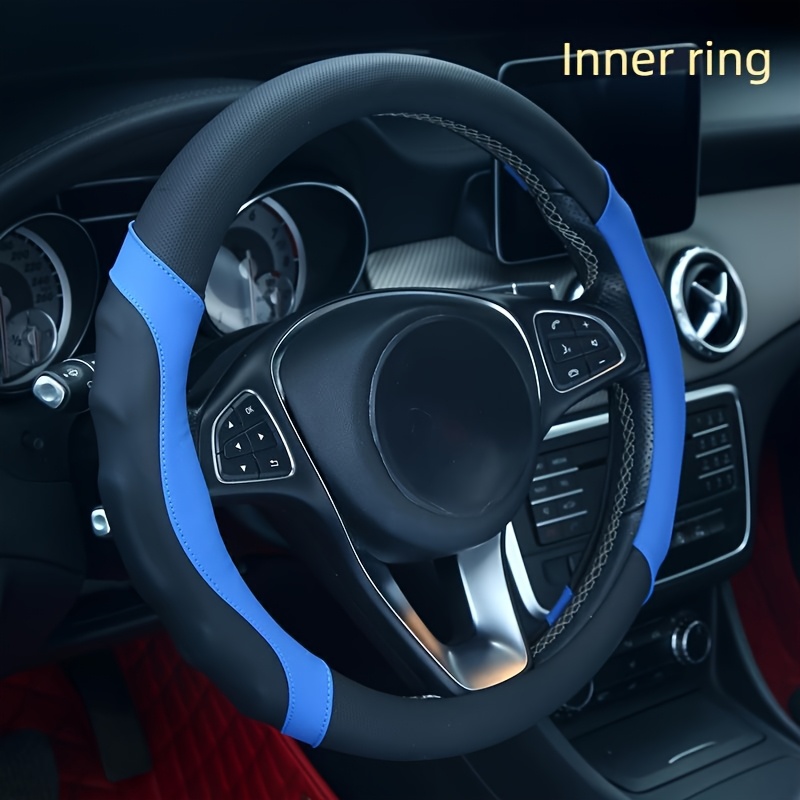 New   Leather Spliced Steering Wheel Cover Universal Standard Size 14 1/2 -15 Breathable Microfiber with  
