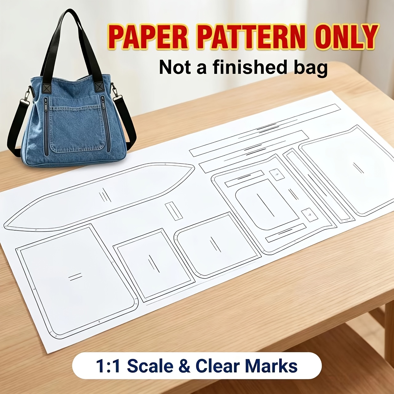 TEMU Patron de couture de sac à main pour femme à l'échelle 1:1, convient pour les sacs fourre-tout cousus à et modèle de prototype en papier -
