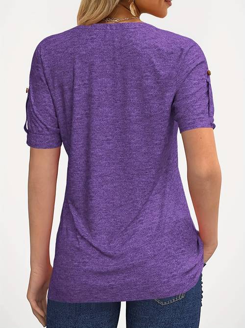 womens zipper summer pleated button short sleeve t shirt summer v neck solid color casual top