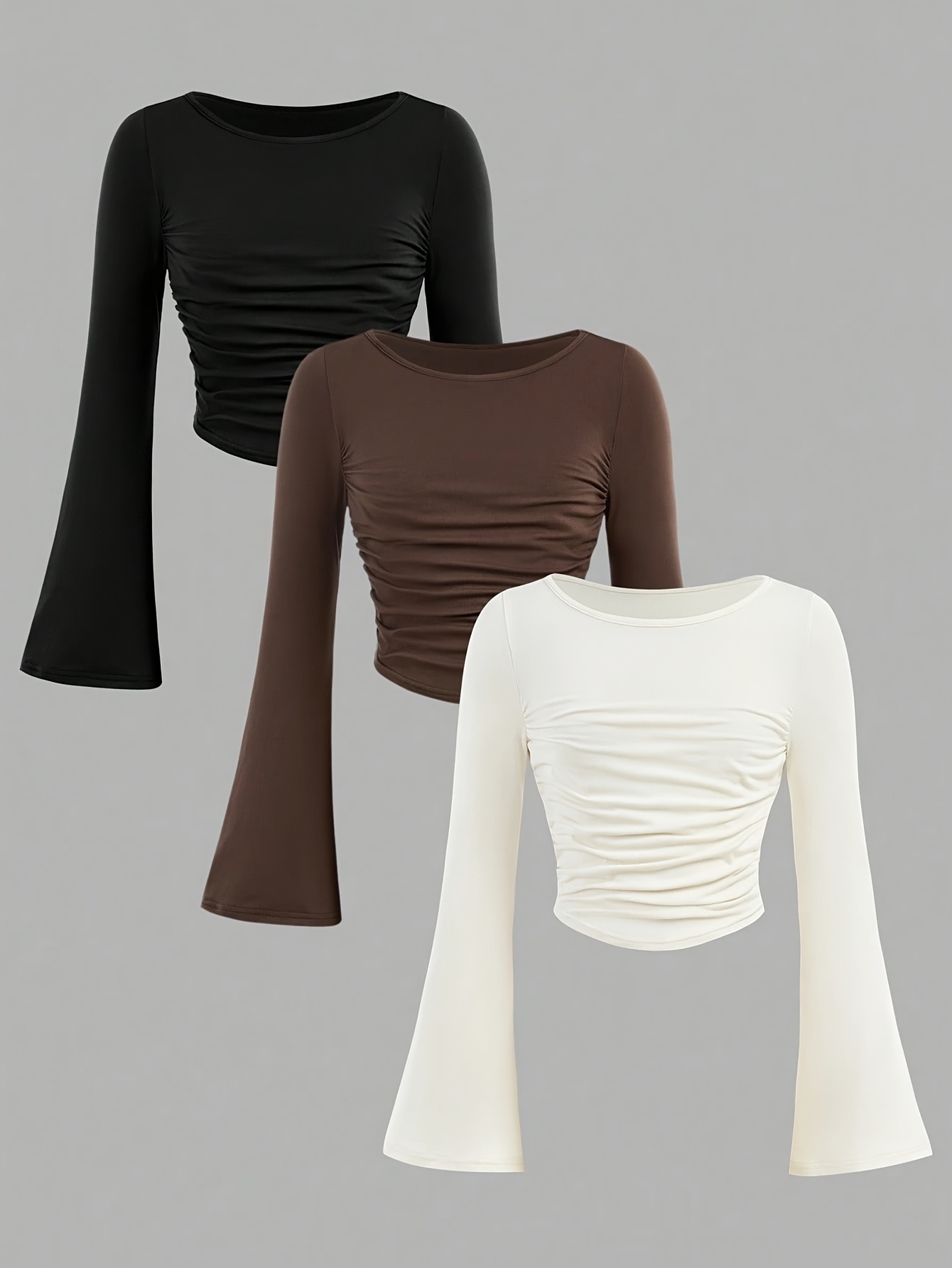 3pcs girls long sleeve   with puff sleeves   fit side pleated hem stretchy round neck blouses for fall casual formal outfits parties travel Product details 4