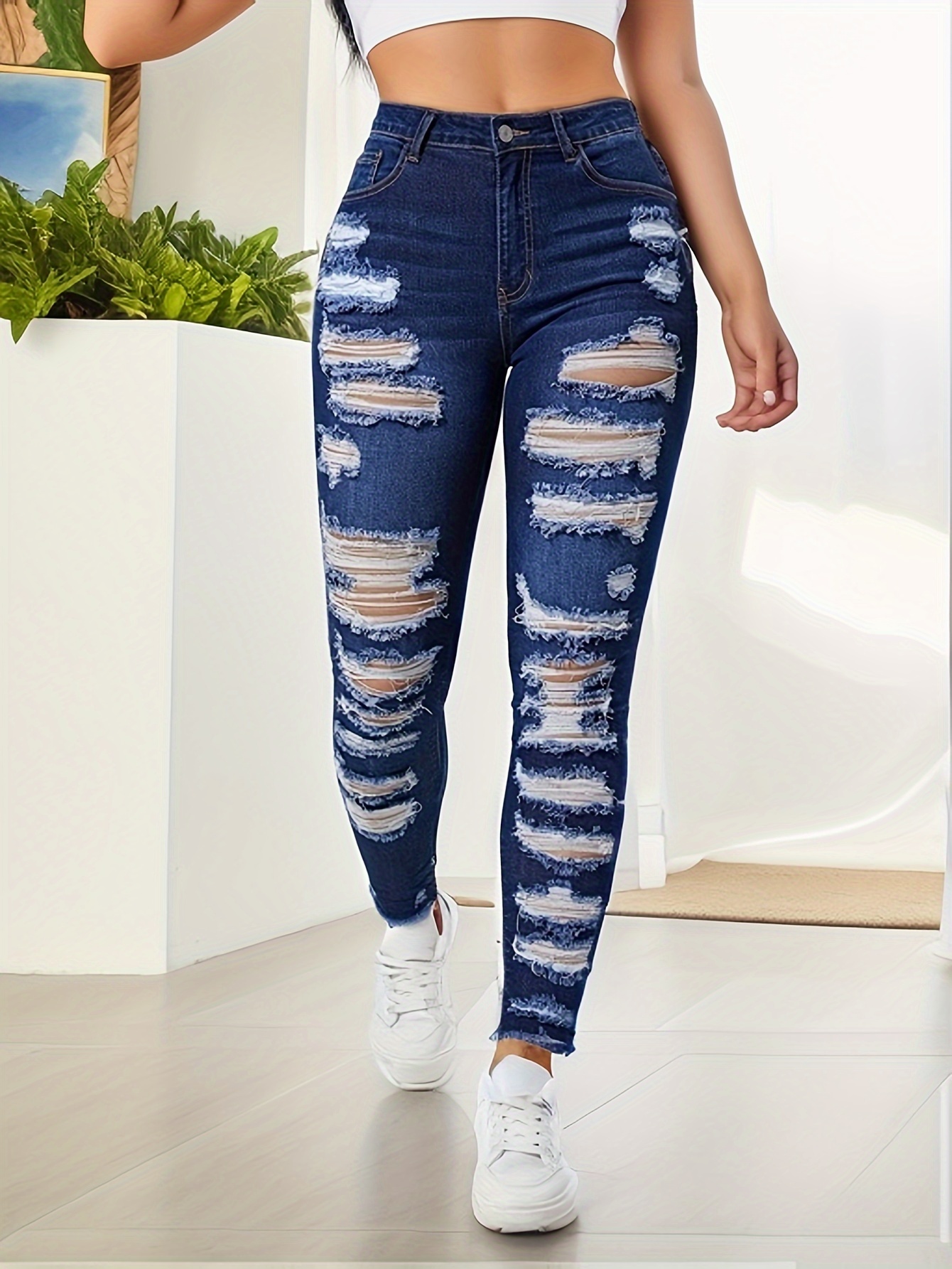 Women's Distressed Jeans Tapped Leg Skinny Fit Denim Pants Ripped Jeans  Classic Design Stretchy ouc2537ouc2537