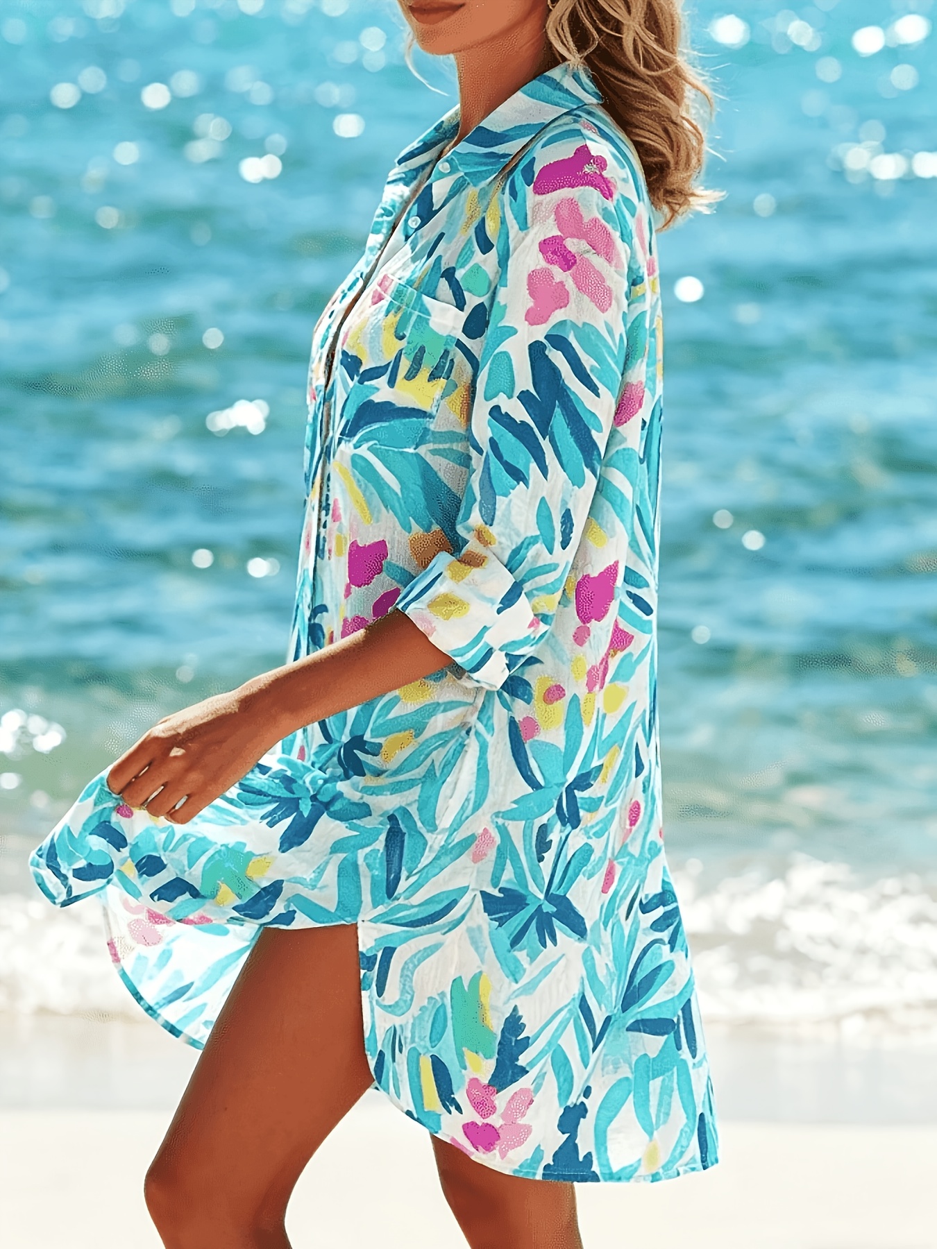 elegant womens single button tropical print beach cover up