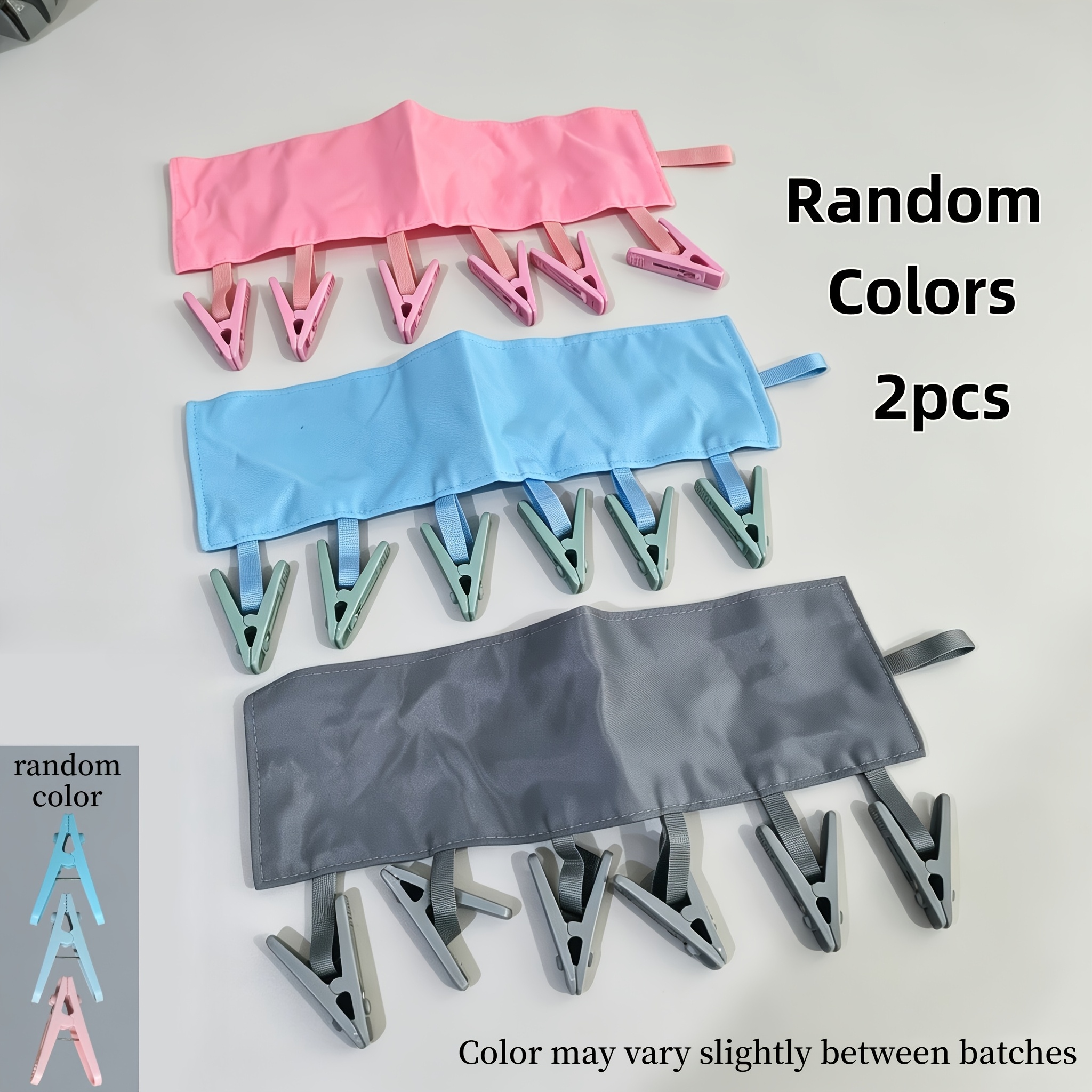 TEMU 2pcs Portable Travel Fabric Hangers, Random Color Gray, Blue, Pink, With 6 Clips - Foldable, Space-saving Drying Rack For Socks, Underwear, And