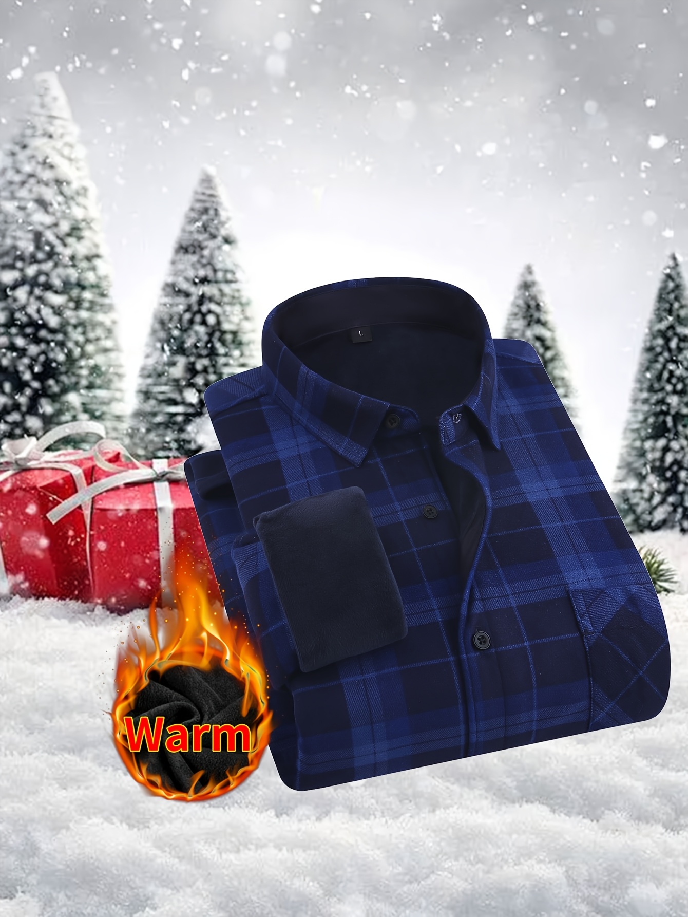 男士秋冬休闲时尚保暖衬衫，毛绒衬里，厚实，适合户外休闲活动，聚酯纤维，长袖，纽扣，秋冬小高领长袖衬衫 商品详情 3