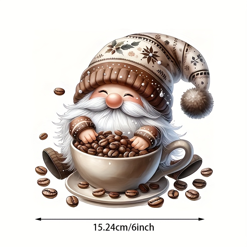 Coffee Gnome Vinyl Decal - 6 Inch Glittery Self-adhesive Sticker For Cars, Laptops, Windows, And More - On Glass, Metal, Ceramic - Whimsical Gnome In A Cup Design, Coffee Bar Accessories
