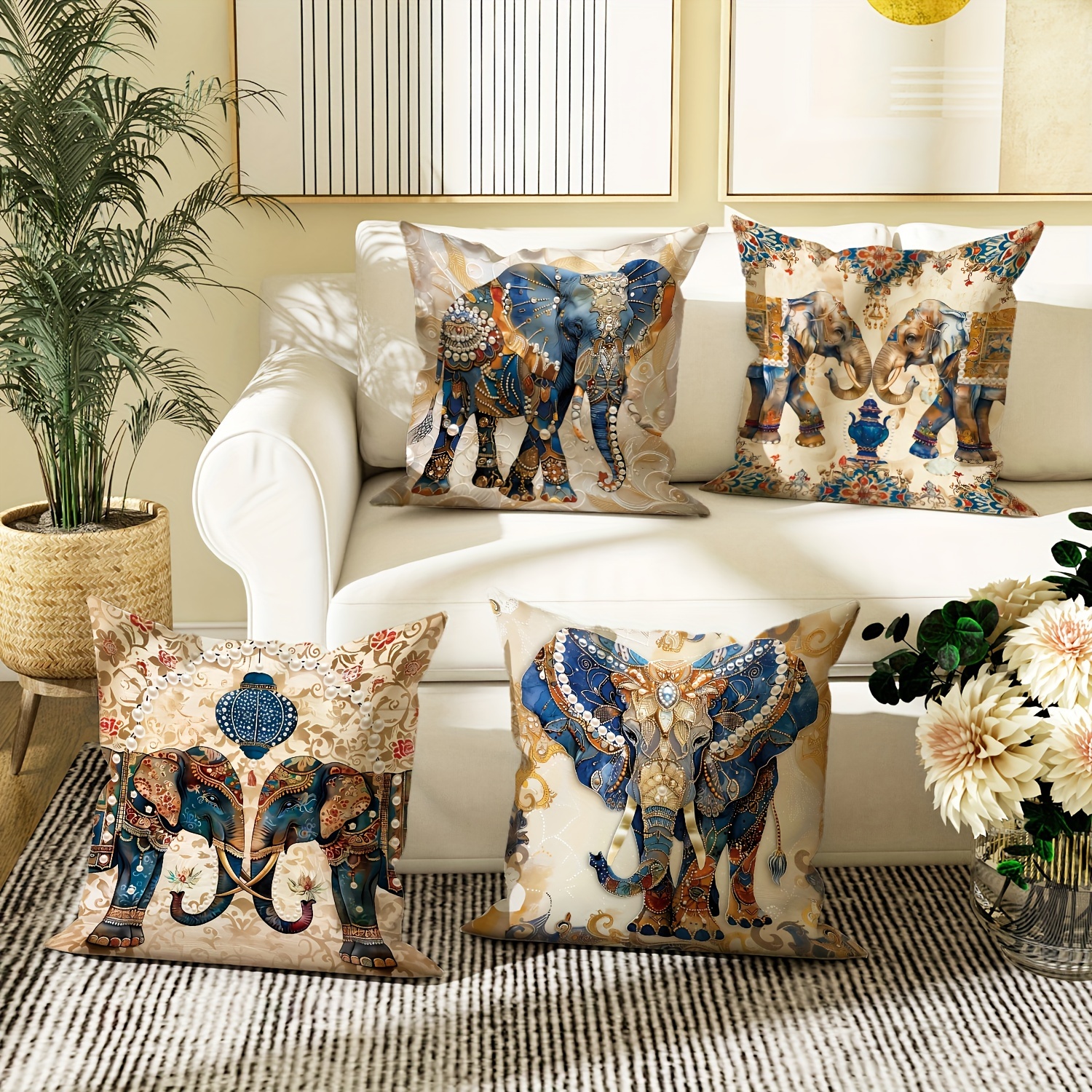 

4-piece Set Velvet Throw Pillow Covers With Elephant & Pearl Flower Design - Gold, Blue, Earthy Yellow | 18x18 Inches | Bohemian Ethnic Style Decorative Cushion Cases For Living Room & Bedroom Sofa