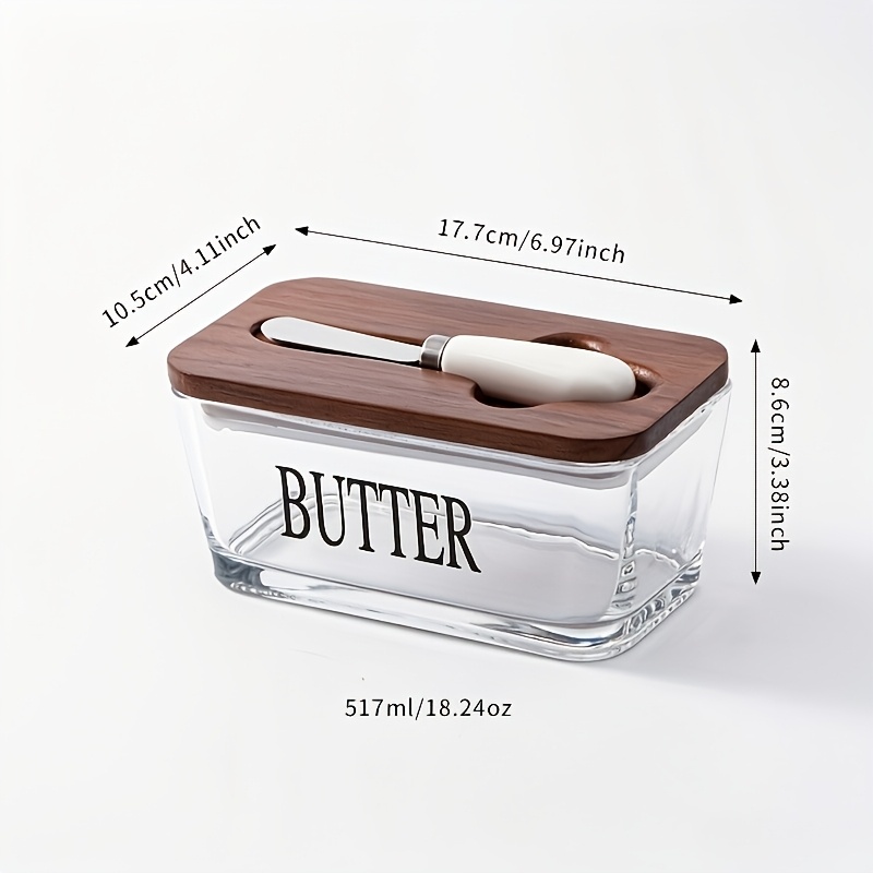 TEMU Oak-covered Glass Butter Dish Set, Thick Glass Butter Storage Container With Letter Pattern, Large Butter Container For Home Kitchen, Snack