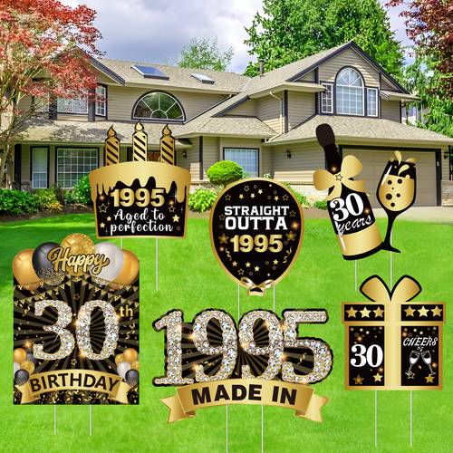 6pcs black golden theme 30th birthday yard sign suitable for 30th birthday sign made in 1995 outdoor lawn sign birthday yard decoration for men and women party supplies milestone birthday decoration decorative birthday signs durable plastic signs outside decorations for yard