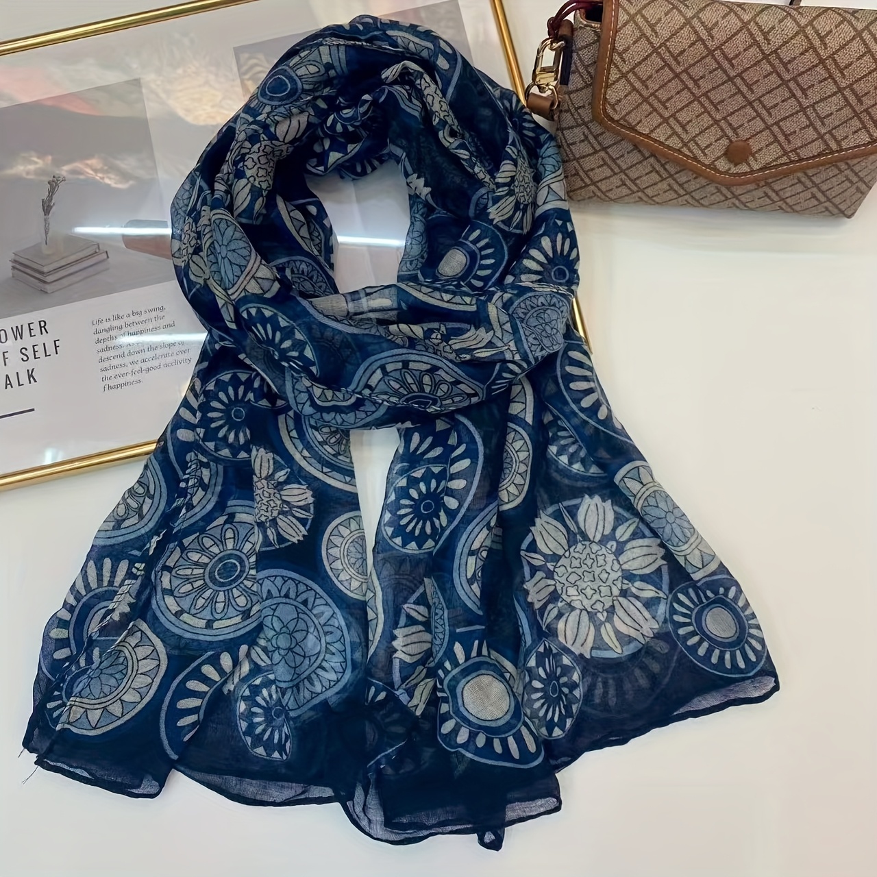 TEMU Women's Elegant Mandala Print Scarf Shawl - Boho-chic (khaki/red/blue/black) Lightweight For Weddings, Parties & Casual Attire - Soft
