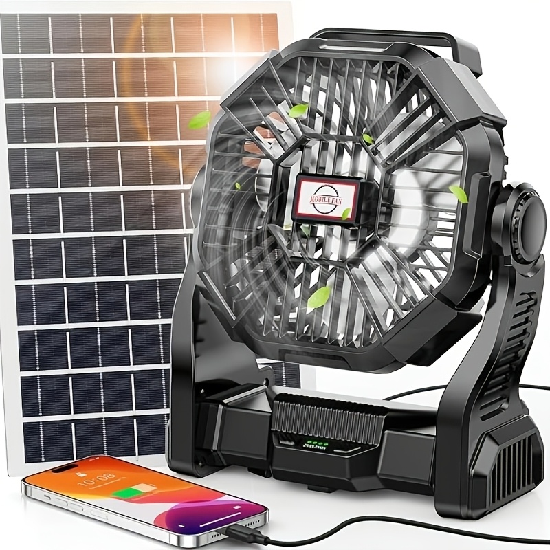 TEMU Ventilateur Solaire Portable 20000mAh avec Panneau Solaire 10W et Lanterne LED, Ventilateur de Camping à Batterie Rechargeable pour -, Barbecue,