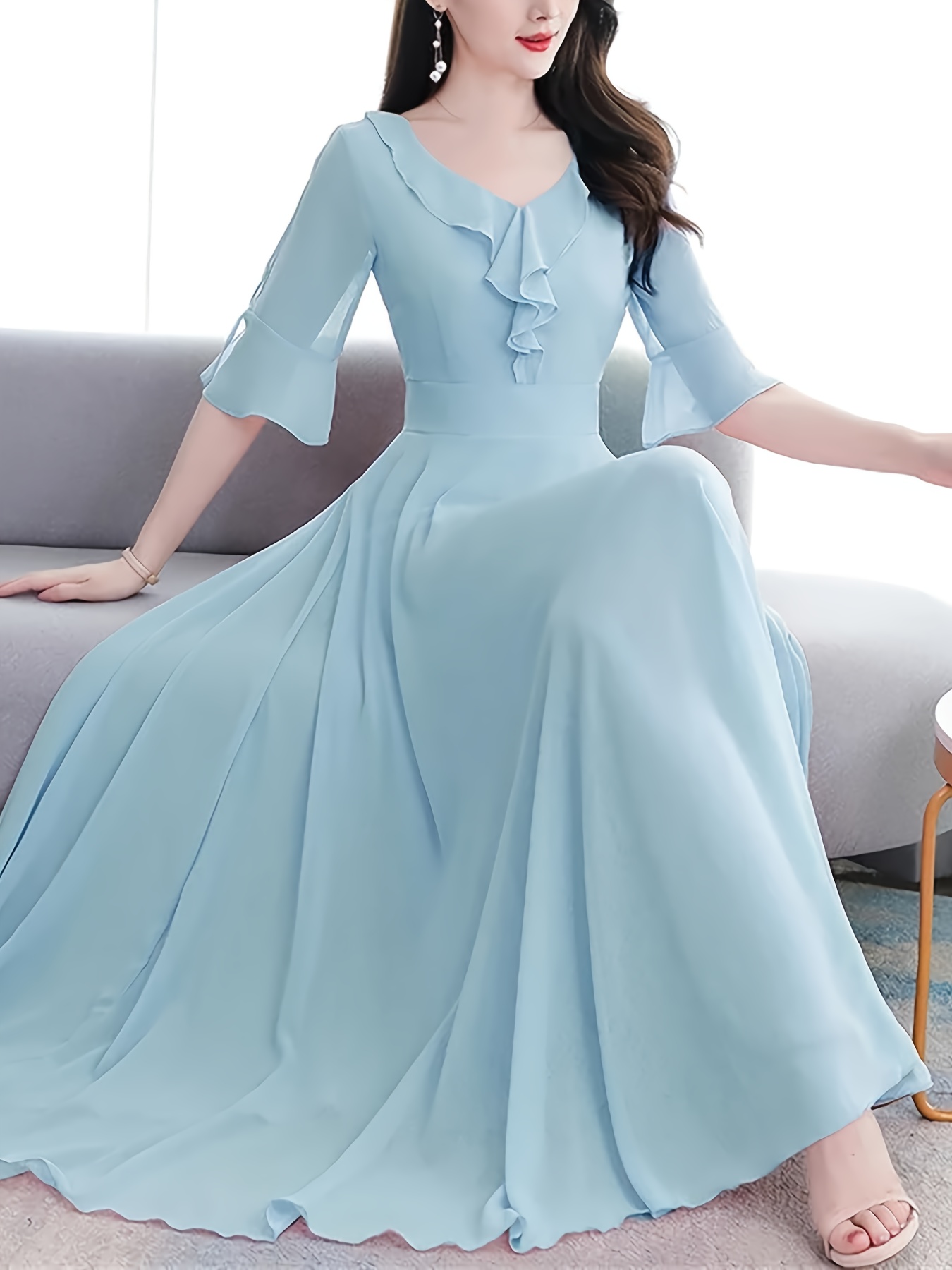 1pieza elegante vestido línea   volantes en cuello en - Temu Peru