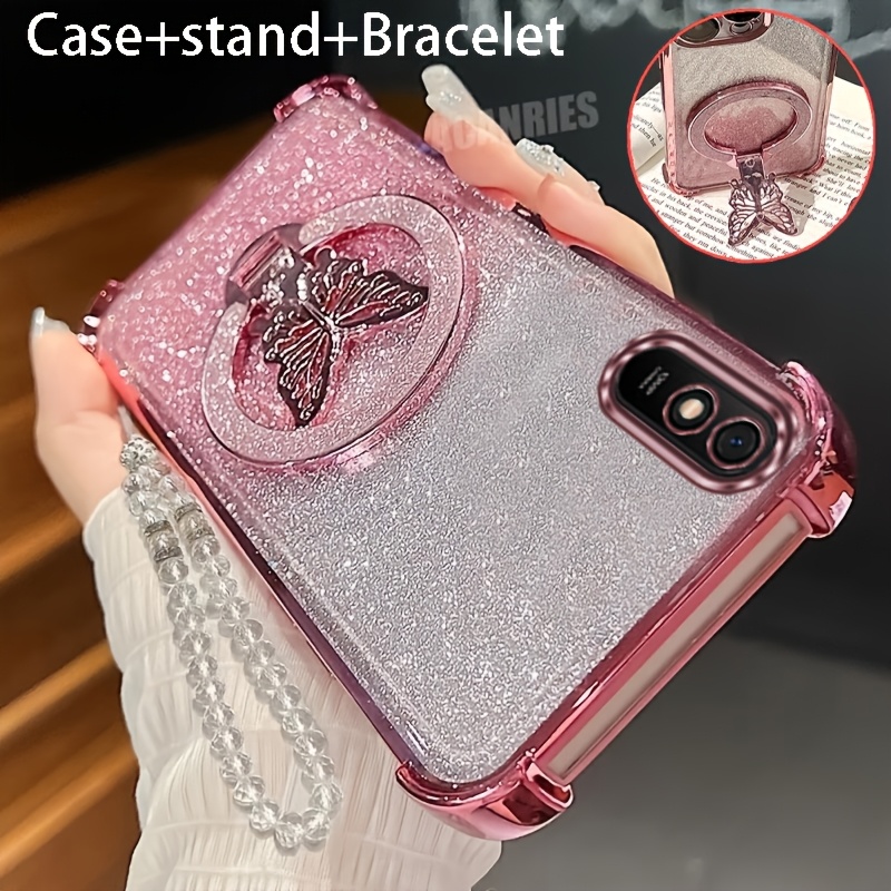 TEMU Funda para Teléfono - Funda de Lujo con Baño Metálico Compatible con Xiaomi Redmi 9A, con Soporte para Teléfono de Mariposa con Brillo y Correa