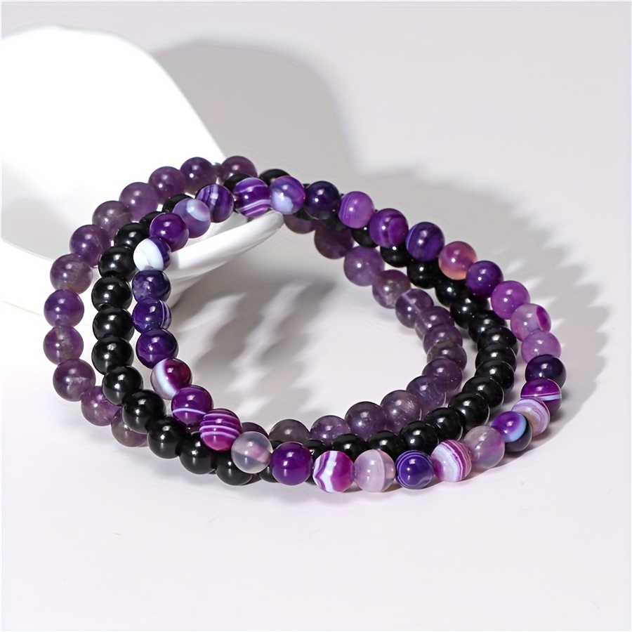 

3pcs Set: Chic Amethyst Beaded Stretch Bracelets For Women - Perfect Gift For Family & Friends, Ideal For Christmas & New Year