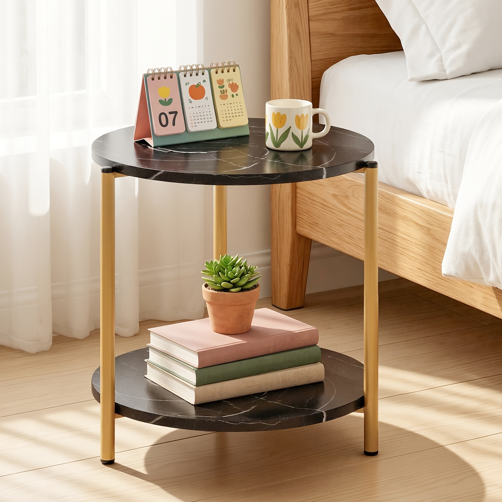 TEMU Table d'appoint ronde à 2 niveaux en métal et marbre, table d'extrémité de salon moderne à deux niveaux, table de chevet avec étagère de