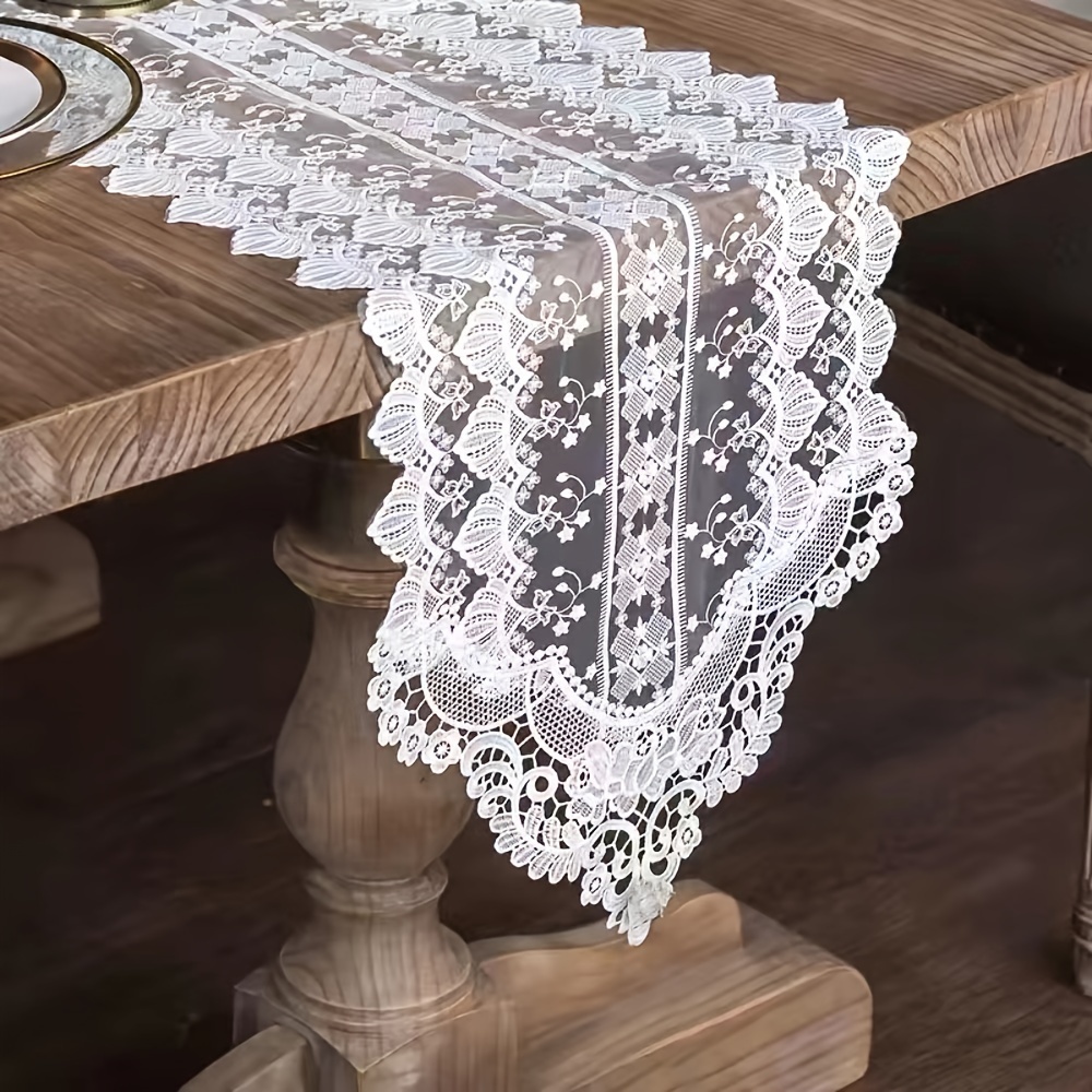 Image of 1pc Of White Floral Embroidered Lace Tablecloth, Suitable For Kitchen, Wedding Banquet, Coffee Table, Fireplace Cabinet, Dining Table, Heat Insulation, Rectangular Tables, And Festive Parties
