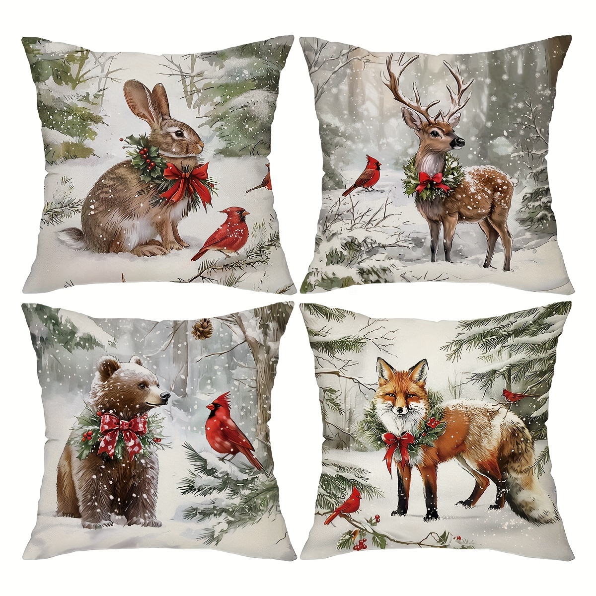 TEMU 4pcs, Farmhouse Christmas Throw Pillow Covers, Christmas Winter Animals Bunny Fox Bear Decor Cushion Covers, 18in18in, Decorations Farmhouse For
