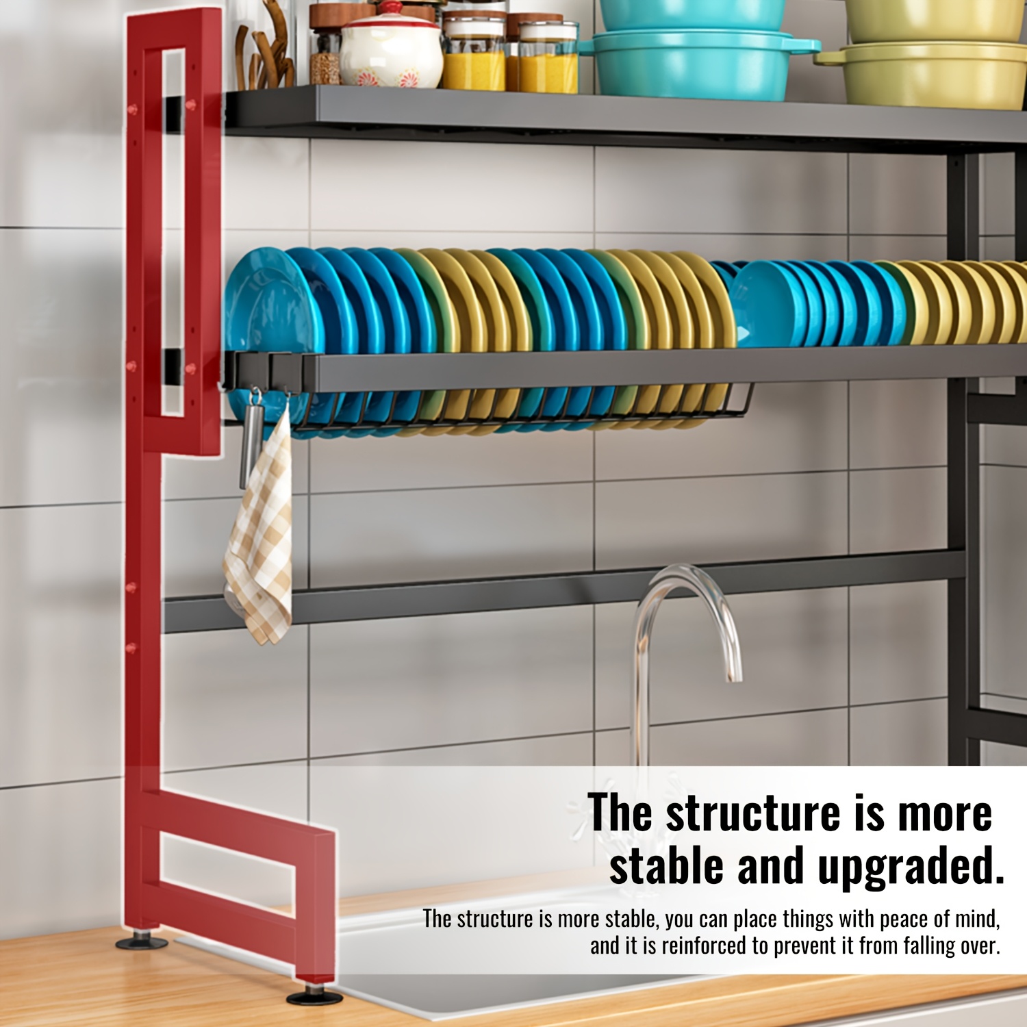 Image of 65cm Above-pool Shelf, Double-layer Dish Rack, Equipped With 8 Movable Hooks, Cutting Board Rack, Chopstick Holder, Knife Holder