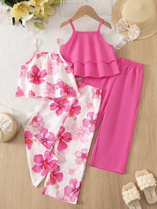 imagen del artículo conjunto de 4 piezas para niña: chaleco camisero, pantalones de pierna ancha con estampado floral, estilo vacacional, conjunto casual de playa y verano, y lindo, para exteriores