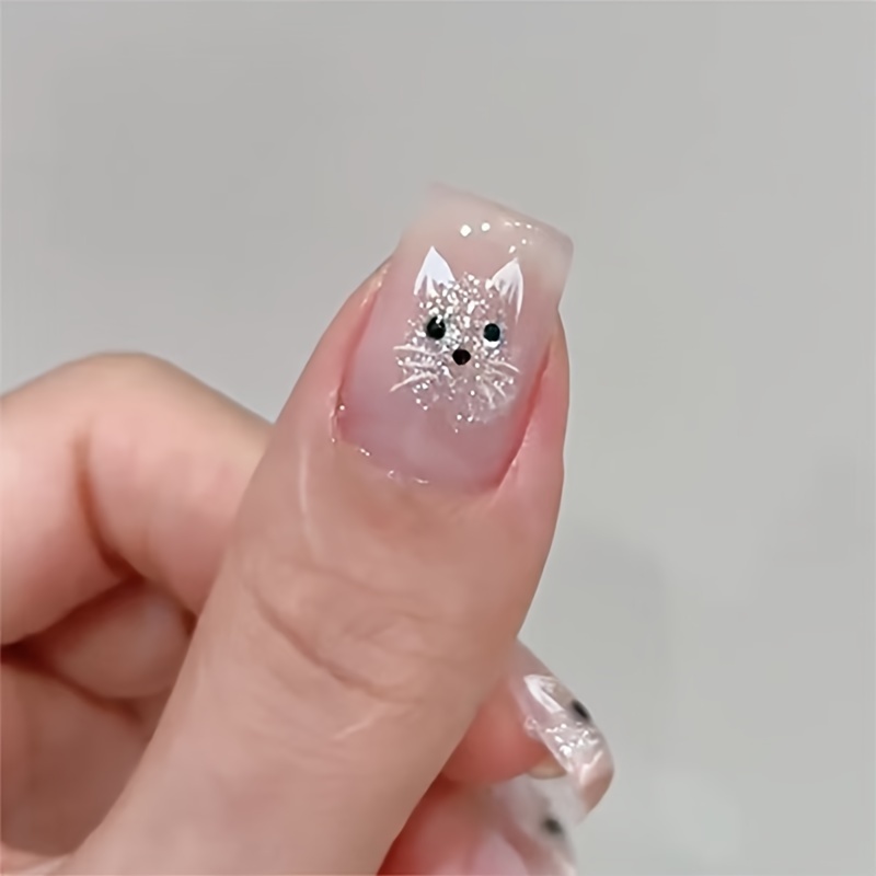 

30pcs Set Of Cute Cat Eye Press-on Nails - Short Ballet Shape, Pink Glitter With 3d Cartoon Cat Designs, Glossy Finish - Perfect For Hands & Feet Care