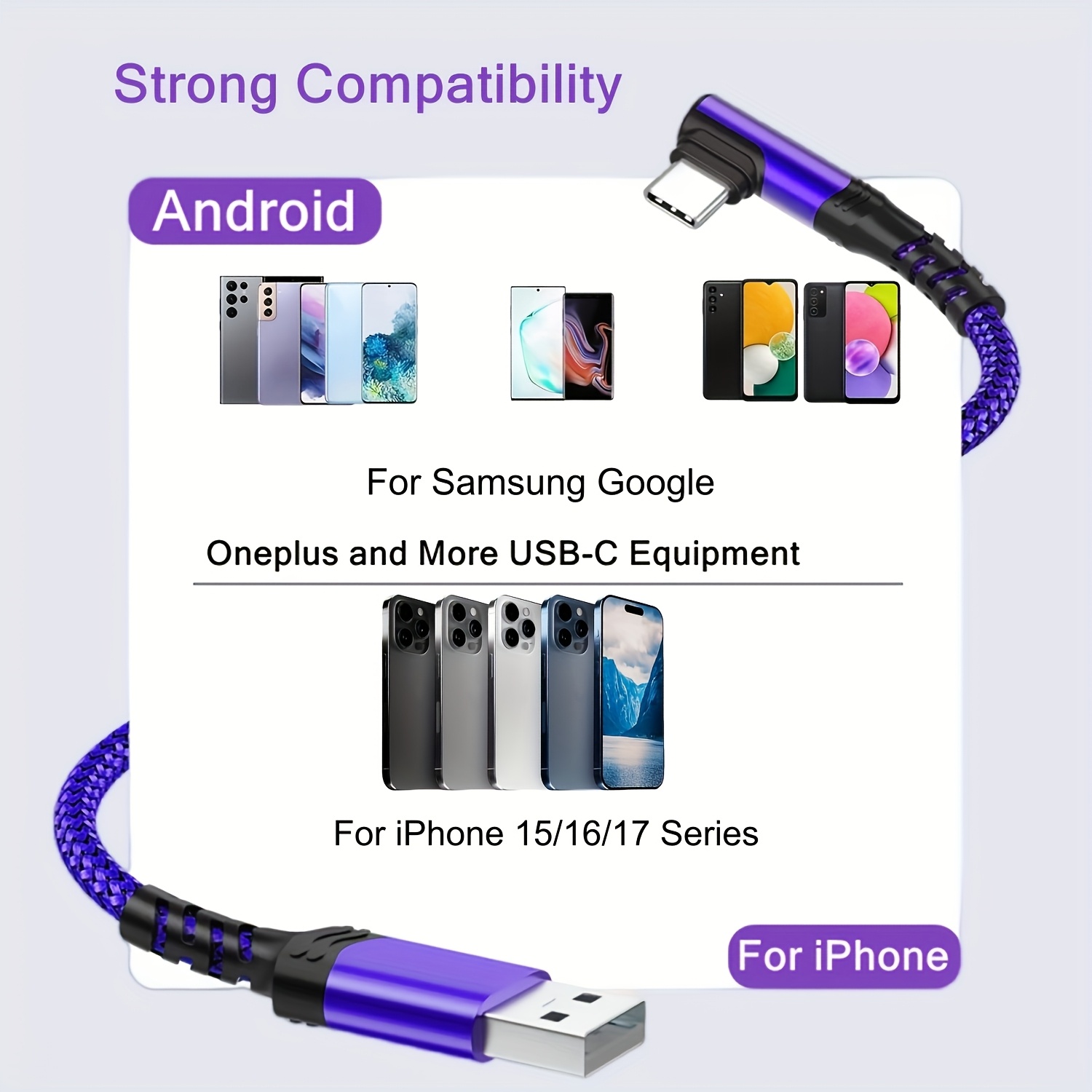 Cargador Tipo C de 3 piezas, Carga Rápida, Cable USB A a USB C en Ángulo Recto, Cable Cargador USB C Trenzado para iPhone 17/16/15 Series, Samsung, Huawei, Xiaomi, Redmi, Oppo, Oneplus y Más Smartphones 3.3Ft/6.6Ft/9.9Ft