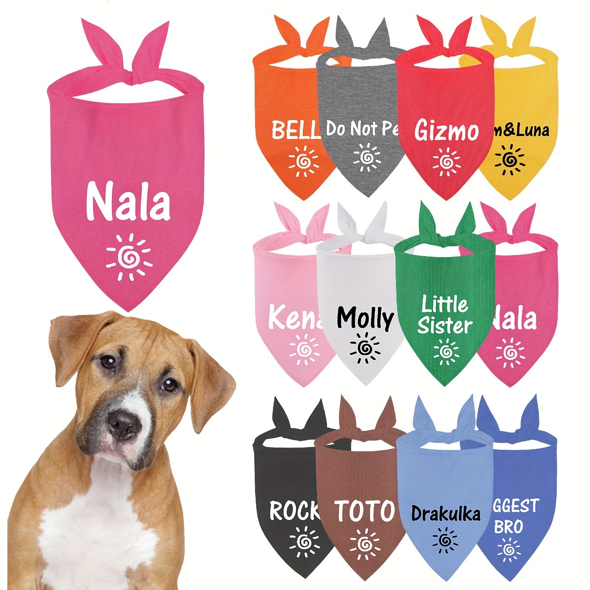 

Customized Dog Bandana With Sun Pattern, Personalized Pet Scarf, Cat Bib Accessory, 12 Colors, Name Text Number Customization Options, Fashionable Triangle Neckwear