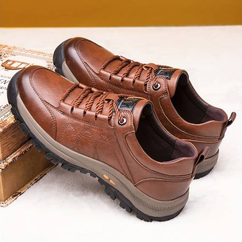 mens vintage minimalist hiking boots solid color comfortable wear resistant non slip with lace slip on closure low top pu upper fabric inner rubber sole for hiking outdoor activities