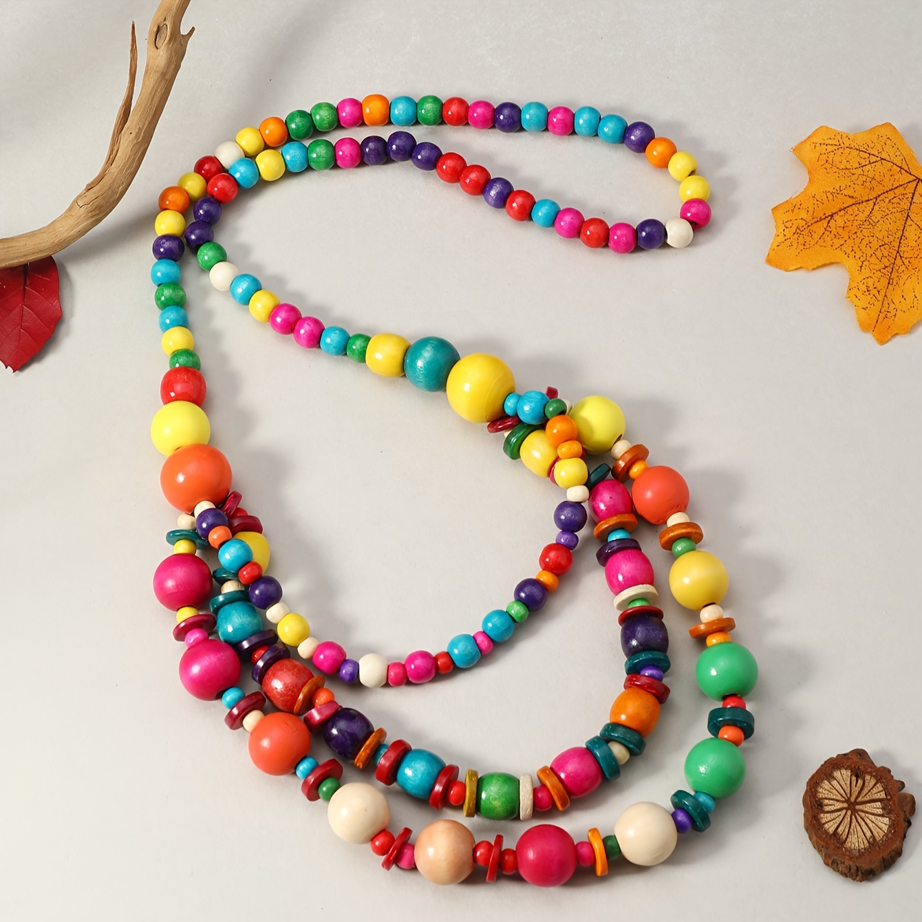 TEMU 핸드메이드 레트로 멀티레이어 비즈 목걸이 - 고품질 재활용 나무 구슬, 생동감 넘치는 컬러풀 디자인 여성용, 캐주얼 스타일 & 선물 아이디어, 우드 비즈, 피스, 에클레틱 스타일, 아티산 주얼리, 레이어드 액세서리, 보호 러버를 위한 보석