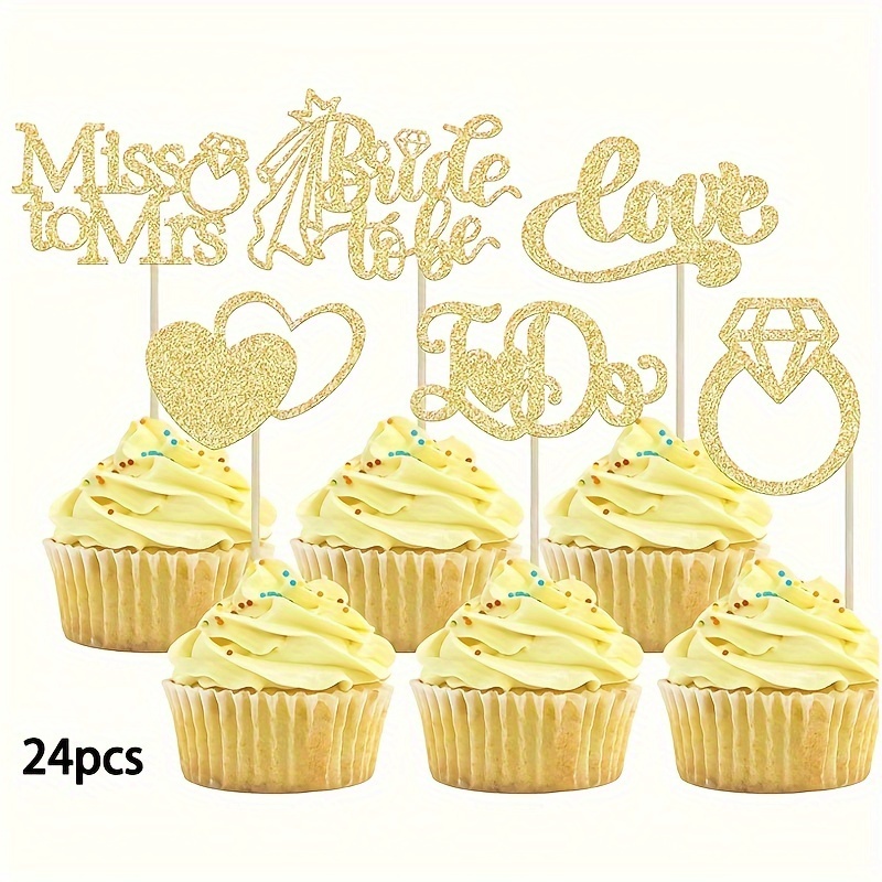 Image of 24pcs Bride To Be Cupcake Toppers, Golden Glitter I Heart Ring , Wooden Cupcake Picks, Bridal Shower Cake Decorations For Wedding, Engagement, Bachelorette Party Supplies