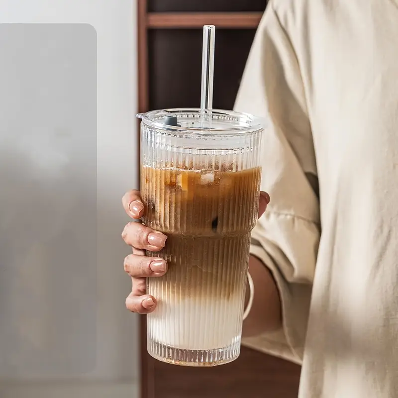 2pcs glassware set 600ml 20oz ribbed glass bucket with lid and glass straw thick glass iced coffee smoothies cocktails and juices elegant and durable beverage vessel Product details 6