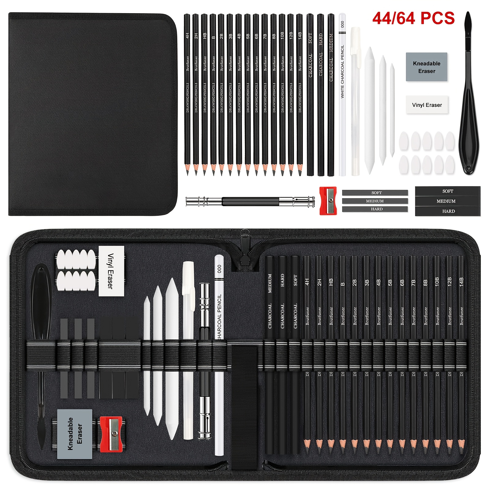 44/64pcs Drawing Set with Graphite & Charcoal Pencils
