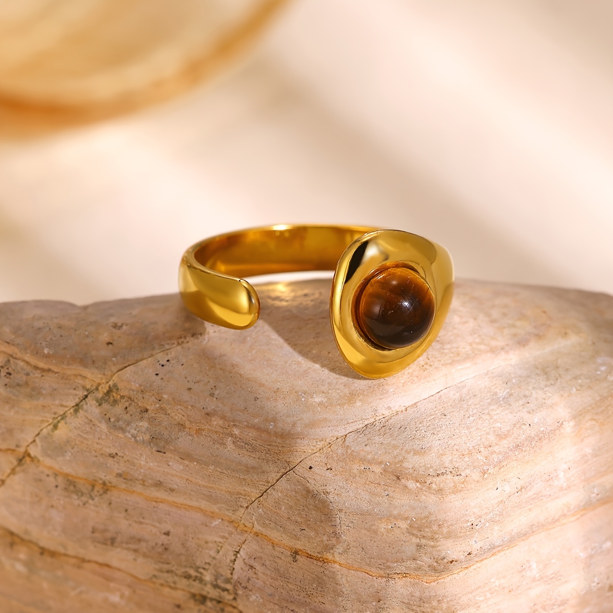 Women's Brown Faux Stone Open Stainless Steel Vintage Ring