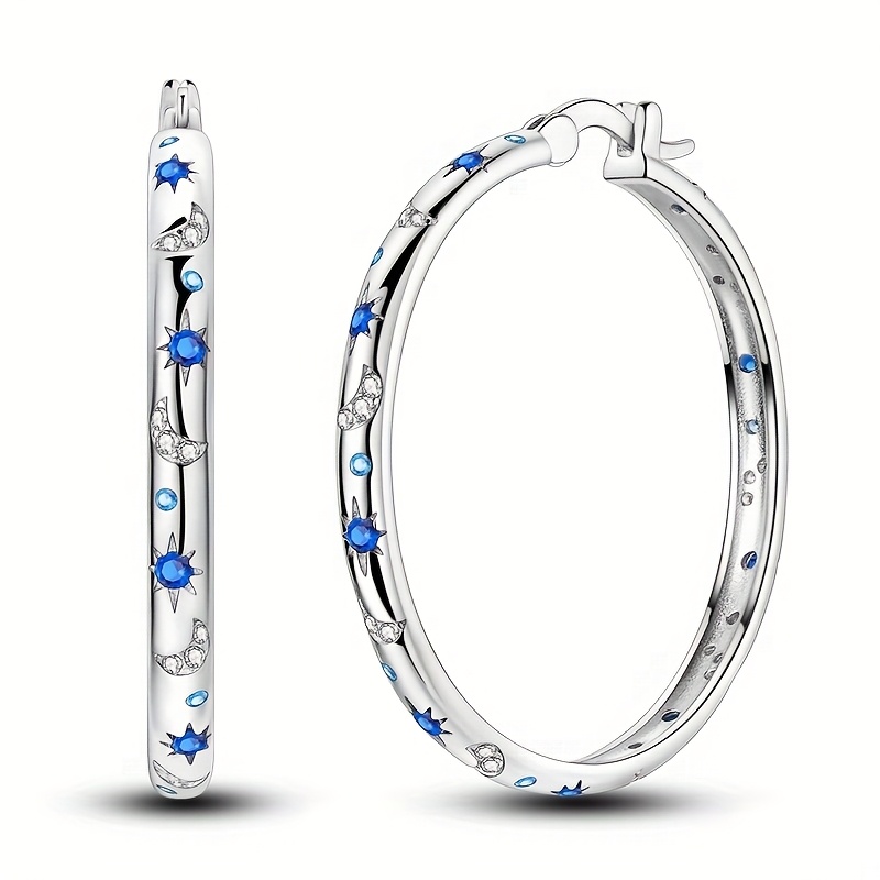 

1 Pair Elegant 925 Sterling Silver Hoop Earrings, Synthetic Cubic Zirconia, Starry Night Design, Sexy Jewelry For Women, Birthday, Party, Wedding, And Festival Celebrations