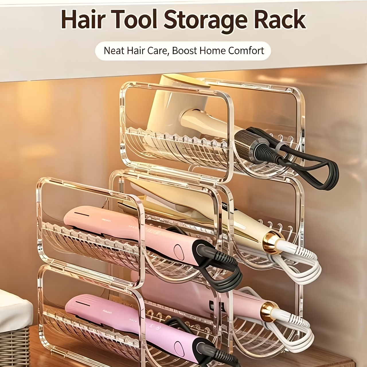 TEMU 1pccomes With A Cable Organizer, Curling Iron Storage Rack, Roller Hair Stick Organizer Flat Iron Holder, Stackable Design, Countertop Style,