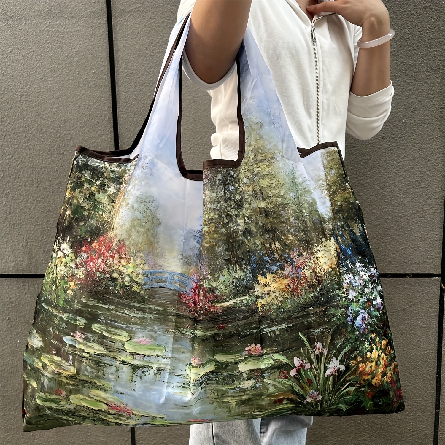 E-shop Große Leichte Faltbare Nylon-Tragetasche mit Blumen-Ölgemälde-Design, Festen Schulterriemen & Handgelenkband - Maschinenwaschbarer Offener Top