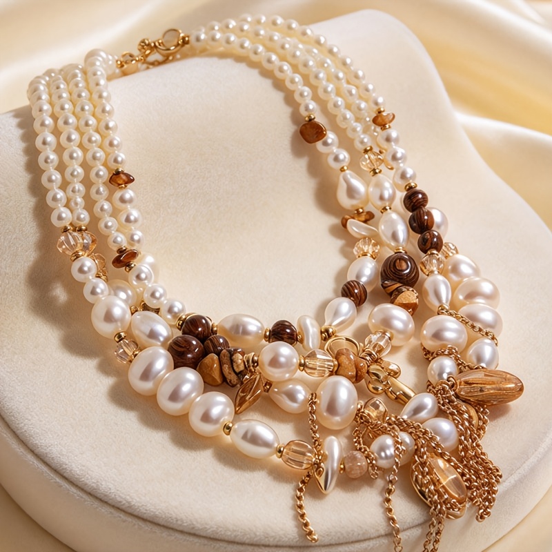 TEMU Collar de 1 pieza de múltiples capas con borlas y cuentas de perla de , estilo bohemio vintage de moda - Joyería para mujer, regalo para ,