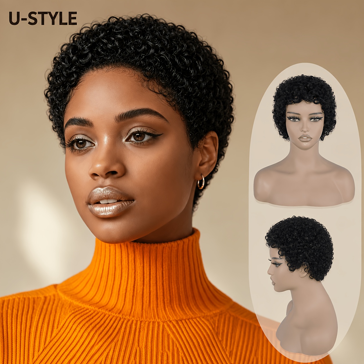 TEMU Perruque Courte Bouclée Crépue Noire Pouces, Convient pour Cosplay d'Halloween, Kpop, Jeu de Rôle et - Cheveux d' Naturelle avec Élastique,