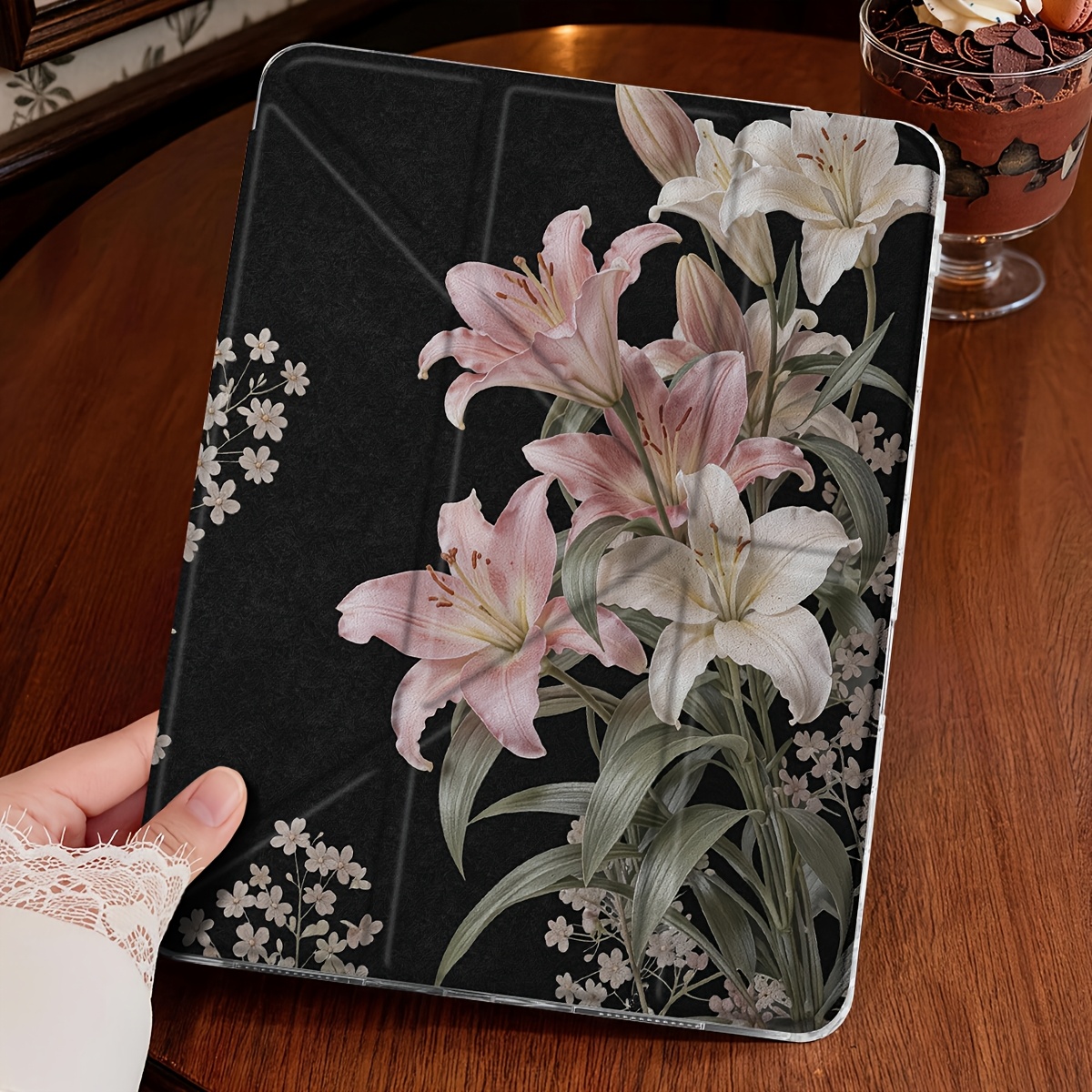 TEMU Black Background Lily Flower Leaf Tablet Case, Compatible With Ipad (a16) 11-inch/10th Gen, Double-sided Painted Pattern, Compatible With -inch