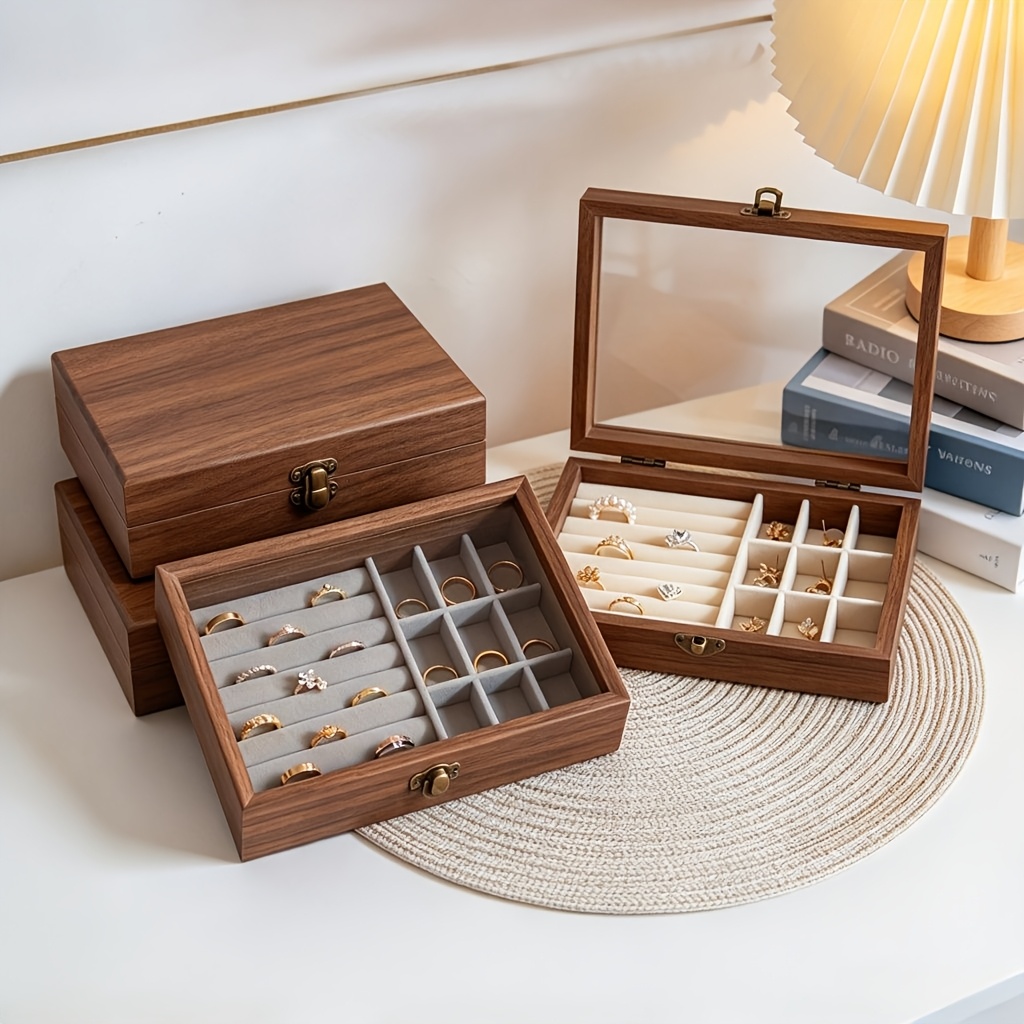 Wooden Ring and Earring Storage Box with Glass Lid
