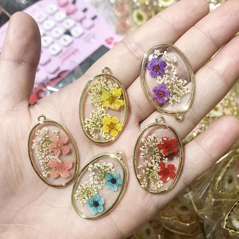 

12pcs Vibrant Natural Dried Flower Charms - Transparent Oval Resin Pendants For Making, Ideal For Necklaces, Bracelets & Earrings Crafting, Charms For Jewelry Making