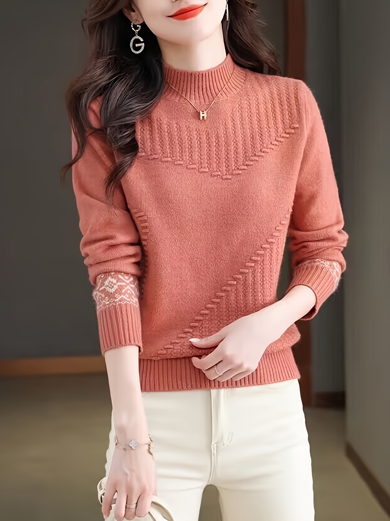 Pink Turtleneck Sweaters Peach Turtleneck Women's Half