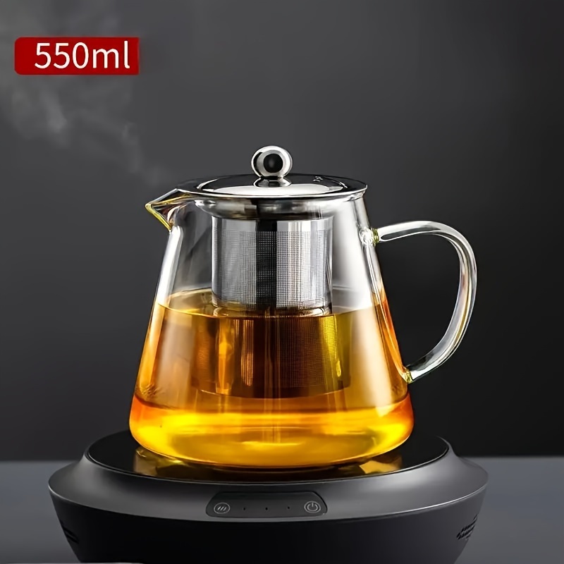 TEMU 1pc Premium Thick Glass Teapot With Stainless Steel Infuser - Heat Resistant, Dishwasher Safe, Suitable For Coffee, Flower Tea, And Loose Leaf