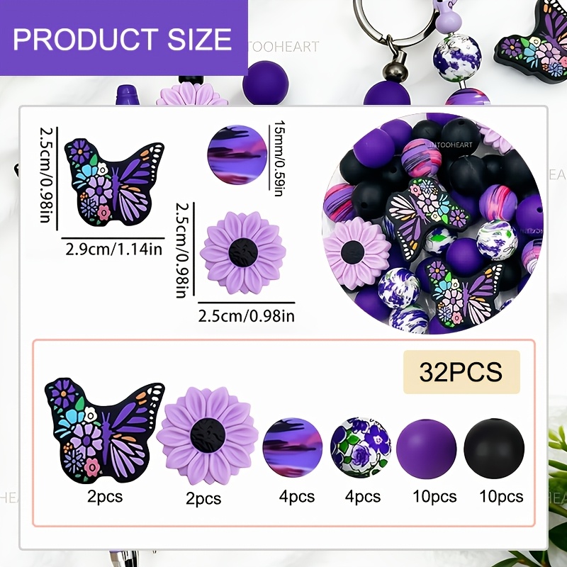 TEMU 32pcs Purple And Daisy Shaped Silicone Bead Set, Spring Summer Elements For Bead Pens, Bracelets, Necklaces, Bag Embellishments And Decor Beads,