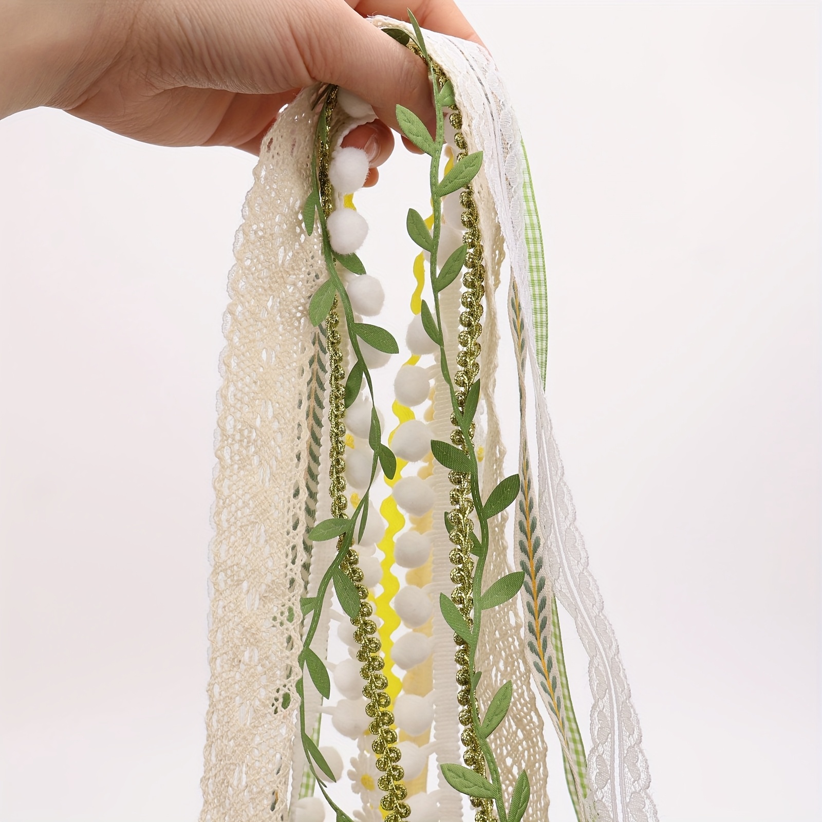 TEMU Gift Wrap Ribbon Set,, Lace Daisy Trim Pom Pom Rickrack, White Beige Golden, Spring Summer Hot Styles